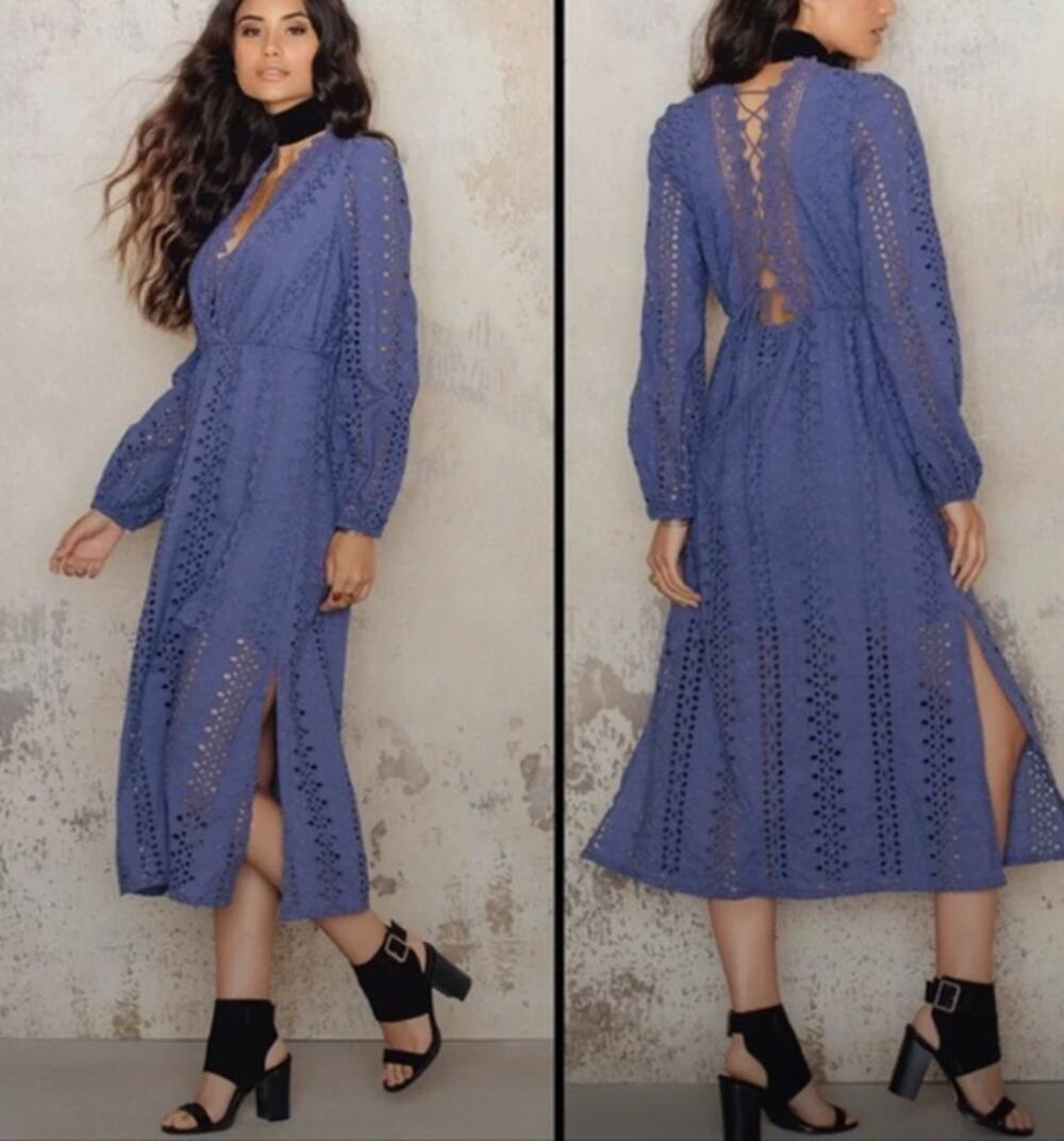 Bardot Alexa Blue Eyelet Lace Midi Dress Blue V Neck Size 10 Boho Bohemian 4075